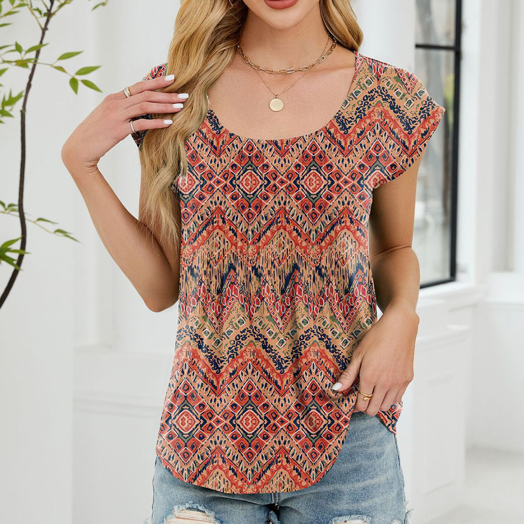 Printed Crew Neck Striped Loose Short Sleeve Top (Aztec)