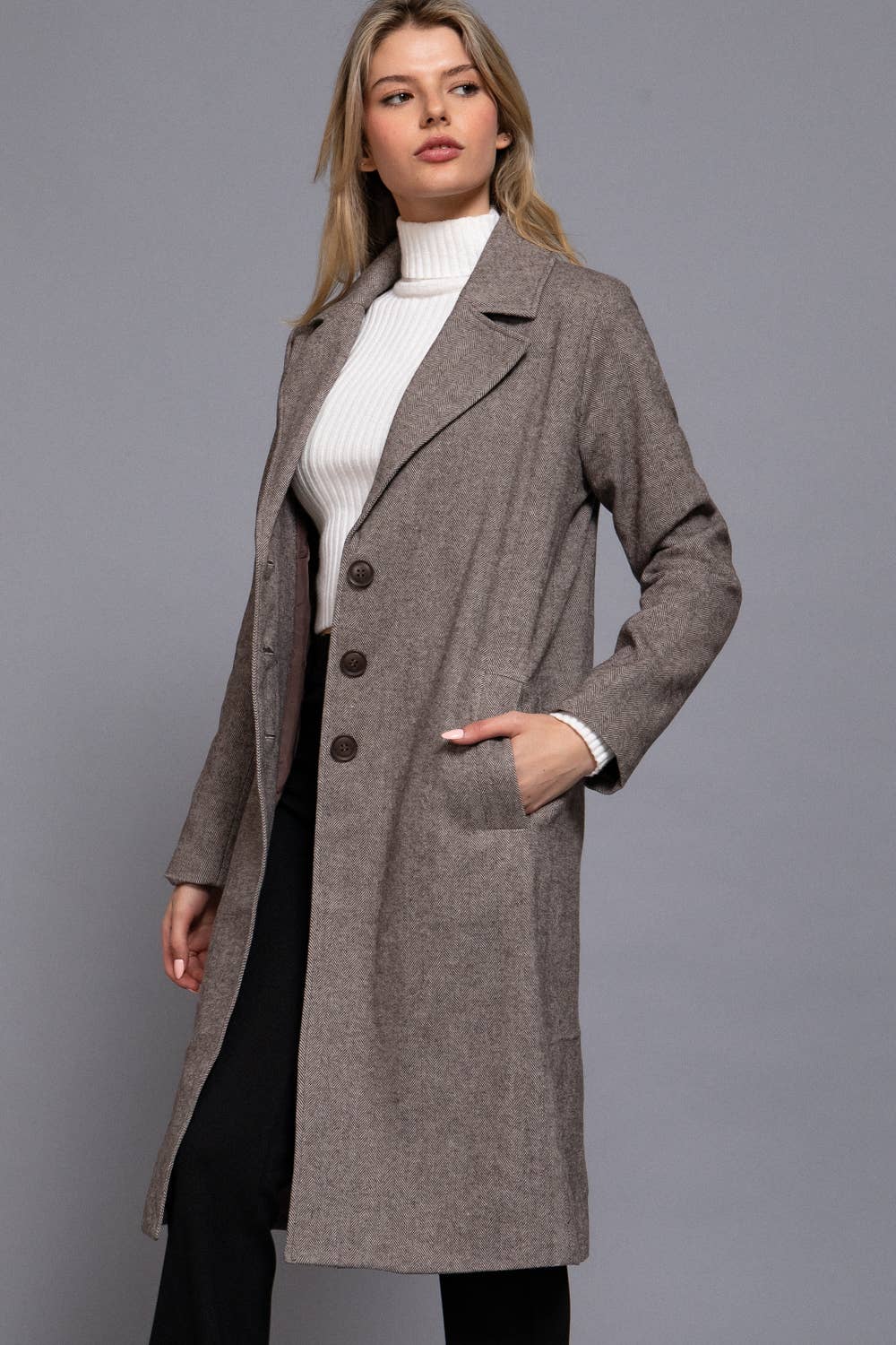 Herringbone Single Breasted Waist Fitted Long Coat