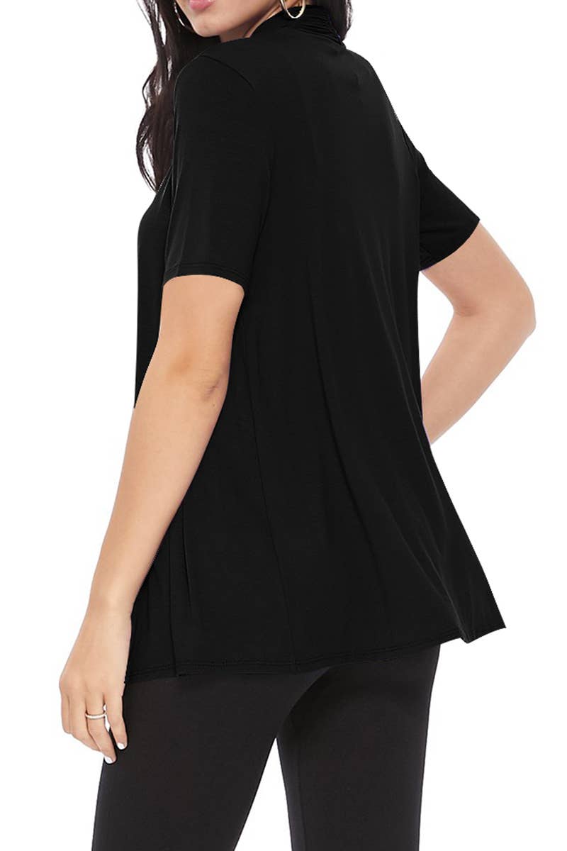 Women's Casual Short Sleeve Draped Open Front Solid Cardigan (Black)