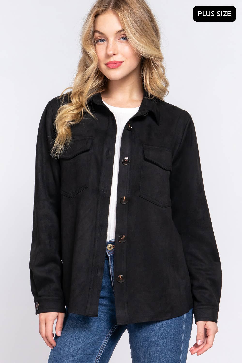Long Sleeve Loose Fit Faux Suede Shacket (Plus Size)