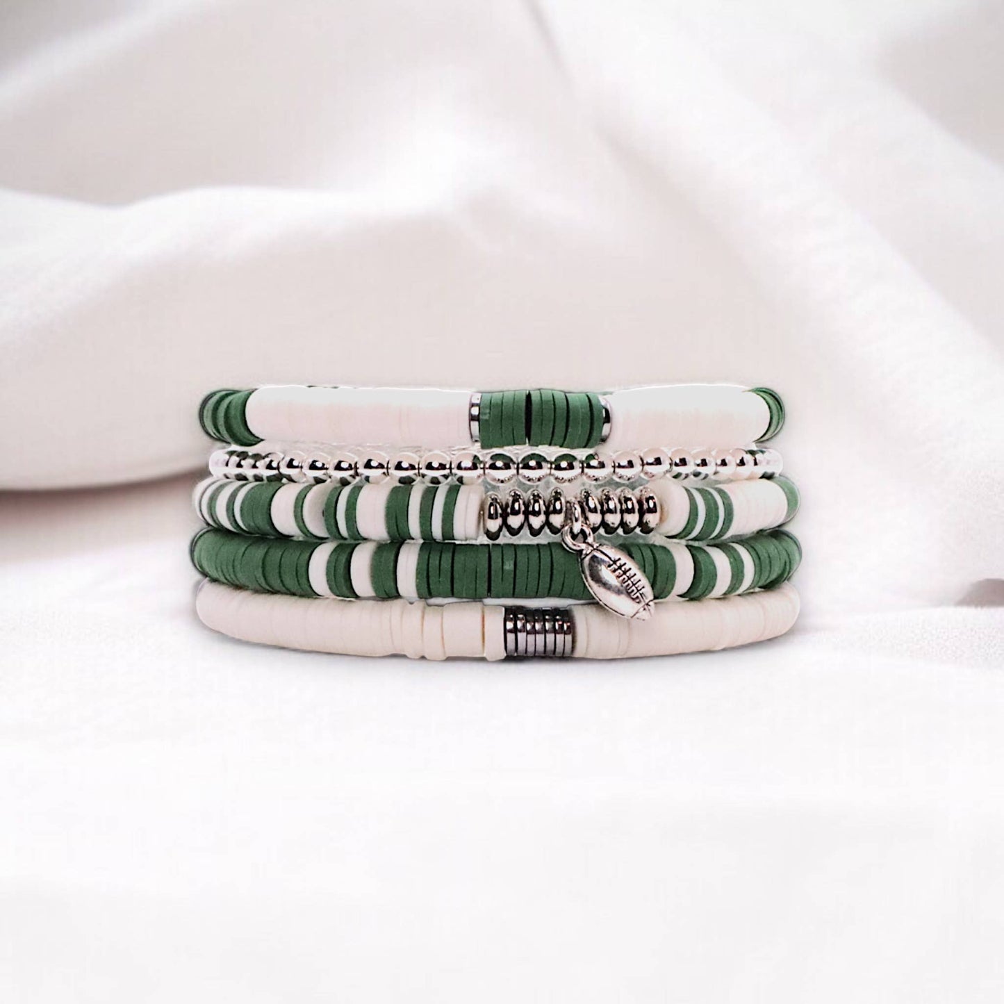 Green and White Game Day Bracelet Stack: Hockey (7 or 8 inch)