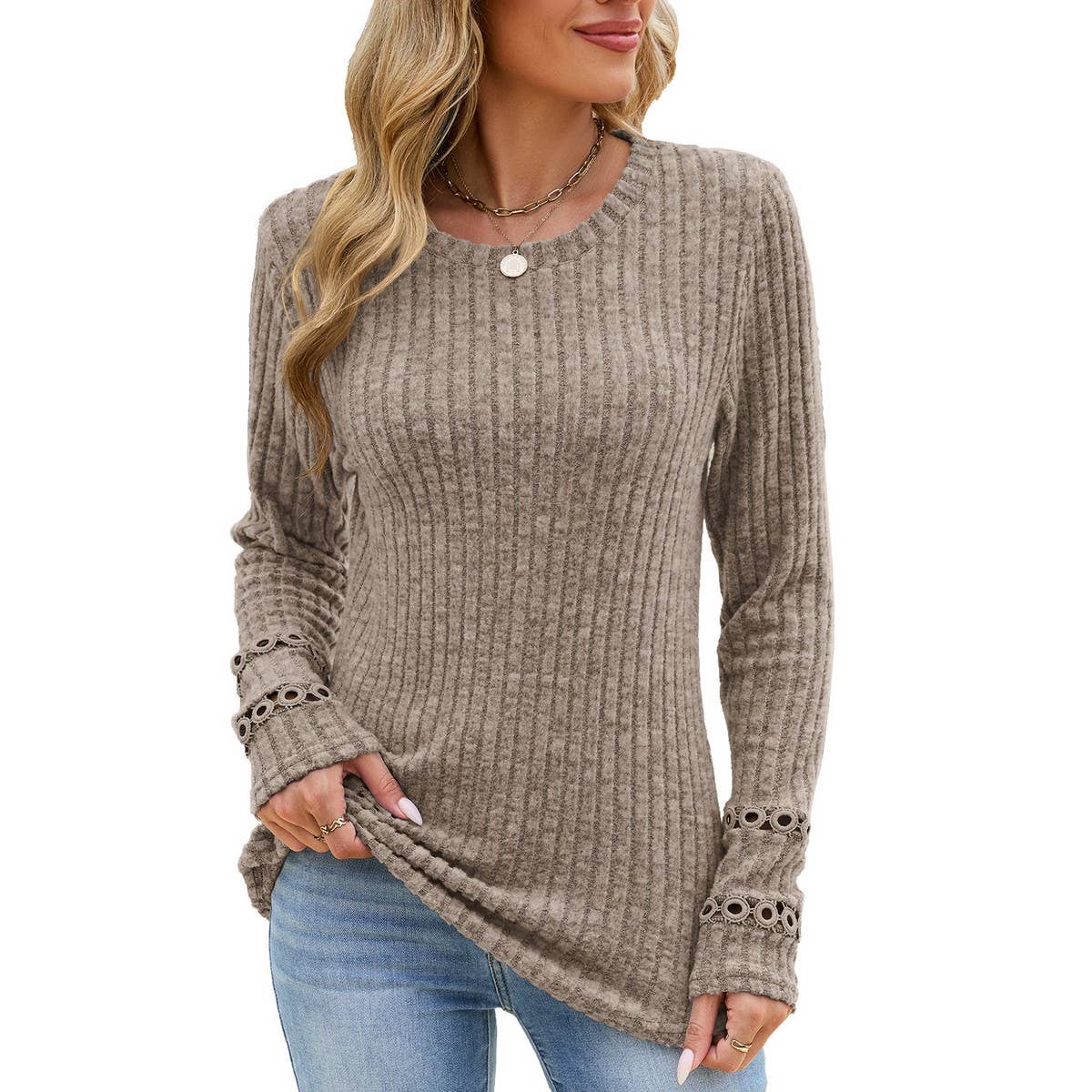 Women's Crew Neck Sweater W/ Sleeve Detail