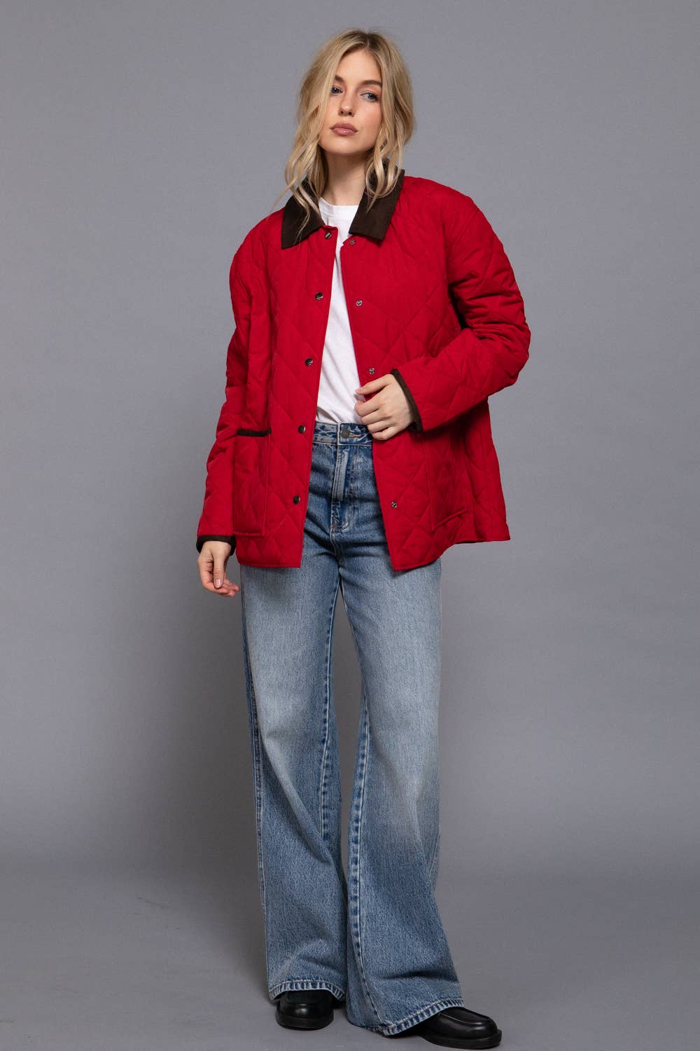 Long Sleeve Contrast Lapel Collar Quilted Puffer Work Jacket (pink)