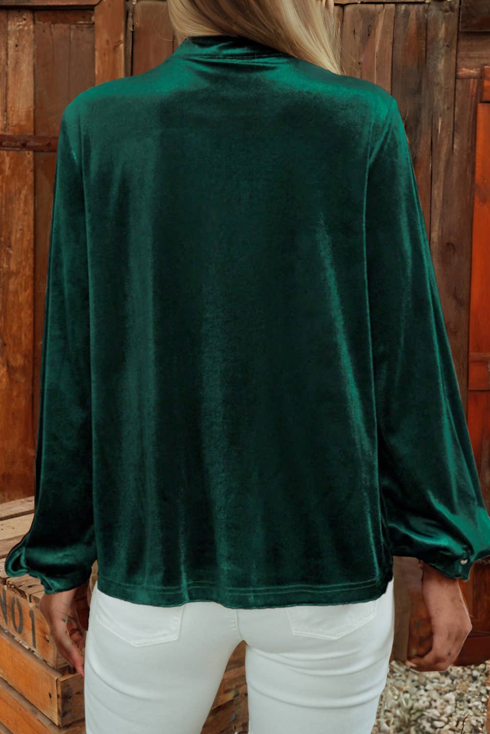 Asymmetric Button Keyhole Neck Long Sleeve Velvet Blouse
