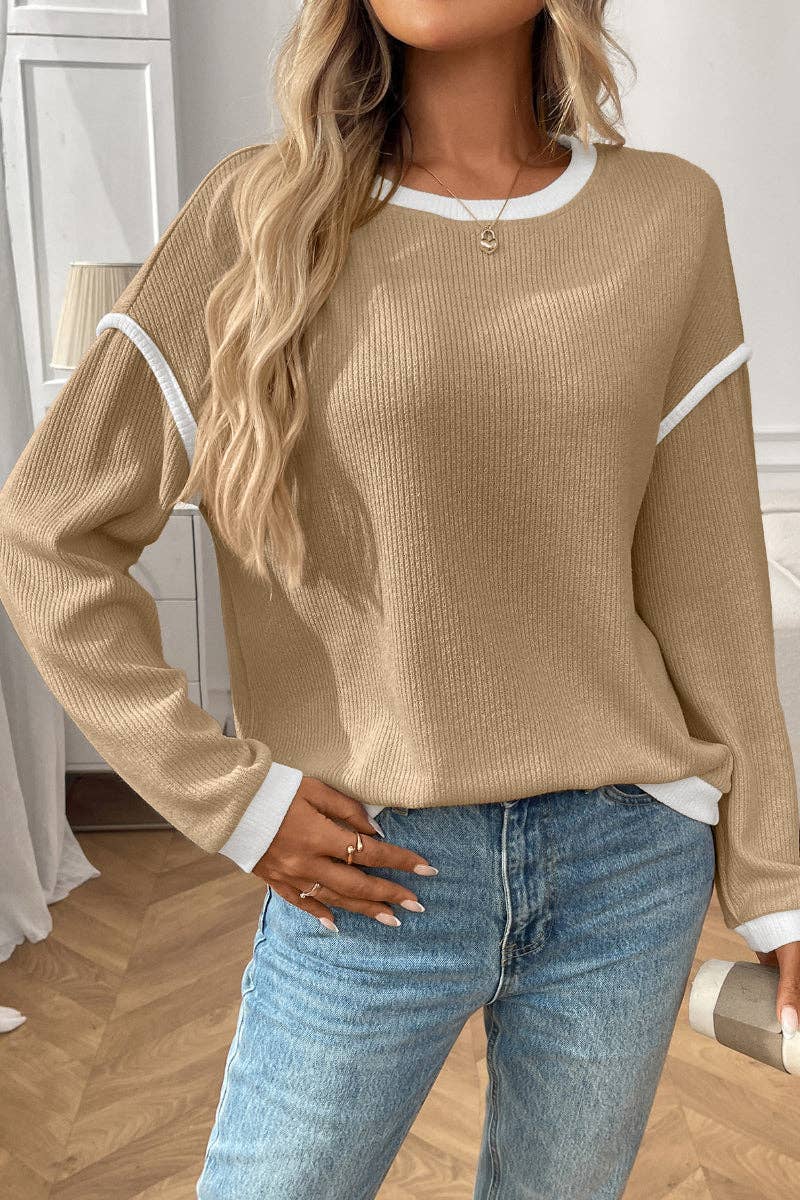 Colorblock Crewneck Knit Look Long Sleeve Pullover Top (Dark Blue)