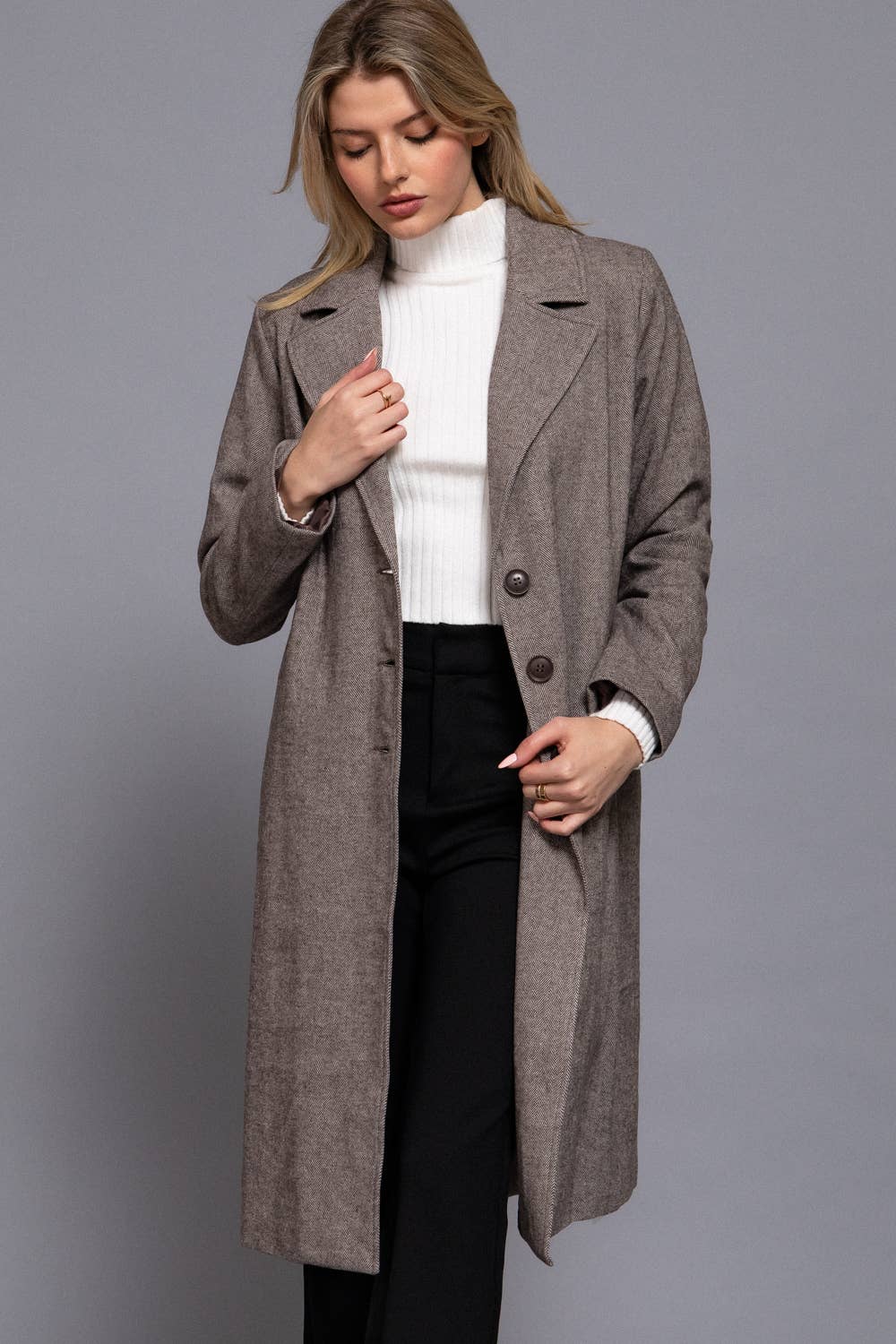 Herringbone Single Breasted Waist Fitted Long Coat