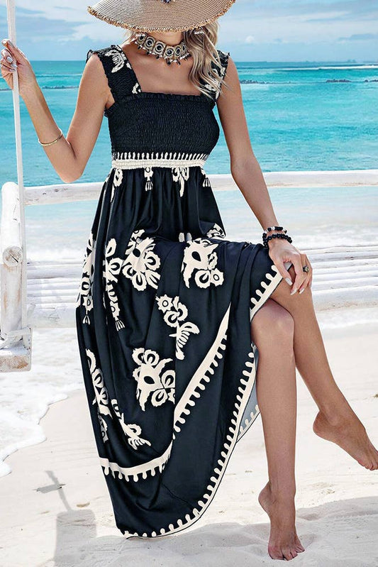 Beach Resort Style Printed Bandeau Maxi Dress (Black & White)