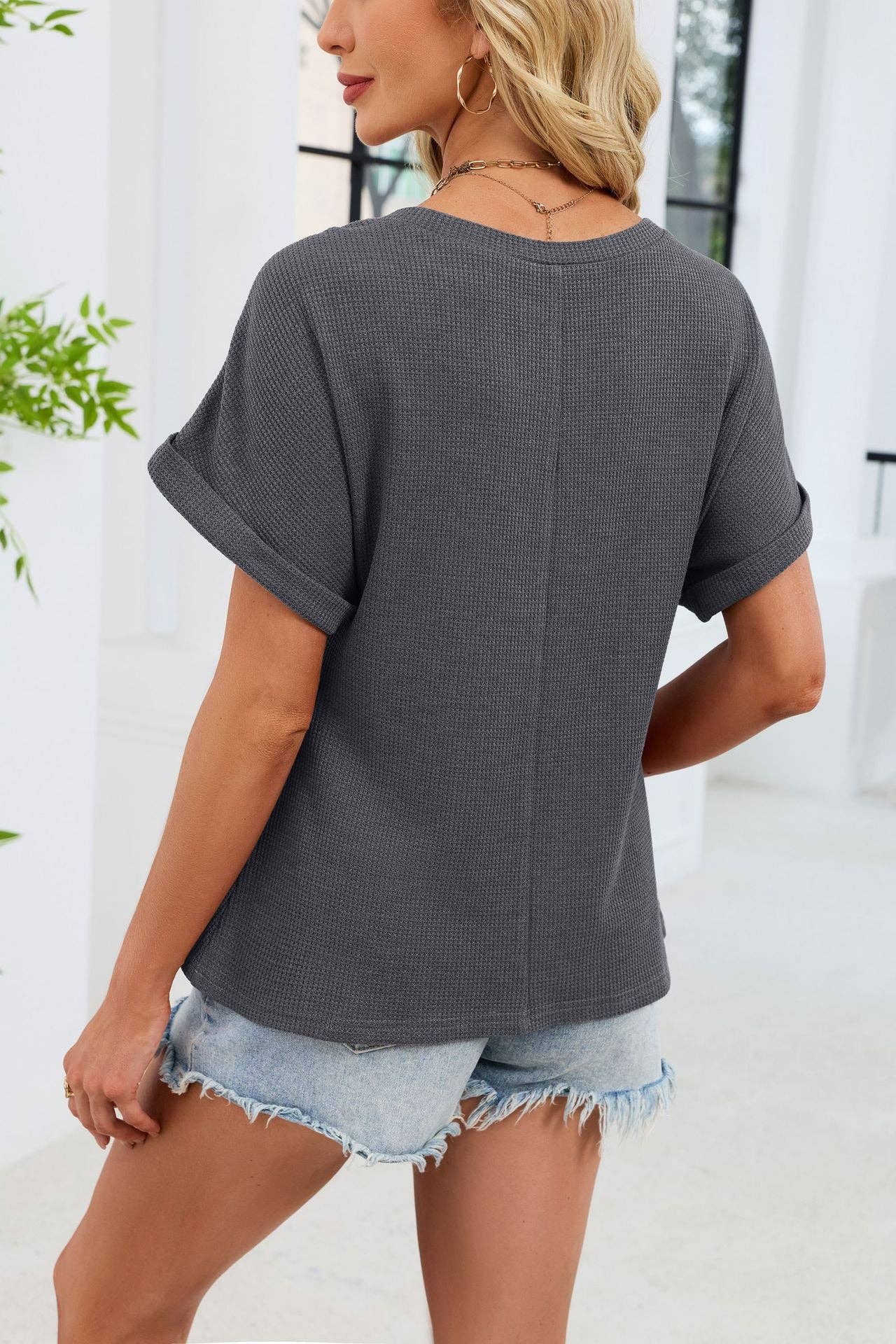 Lace Crochet Yoke Short Sleeve Waffle Knit Top