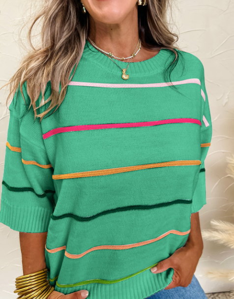 White Colorblock Striped Half Sleeve Drop Shoulder Sweater