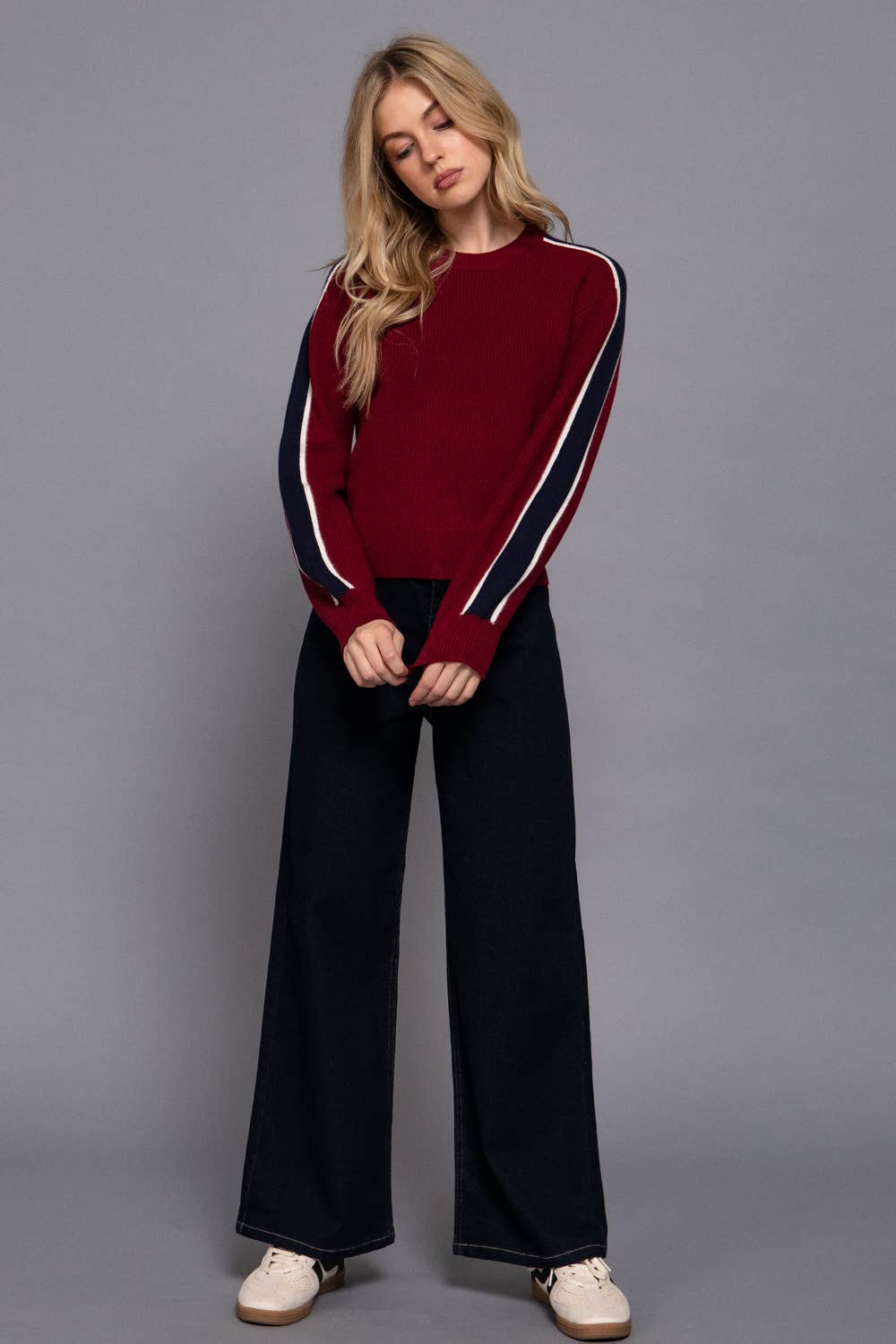 Long Sleeve Round Neck Stripe Detail Sweater