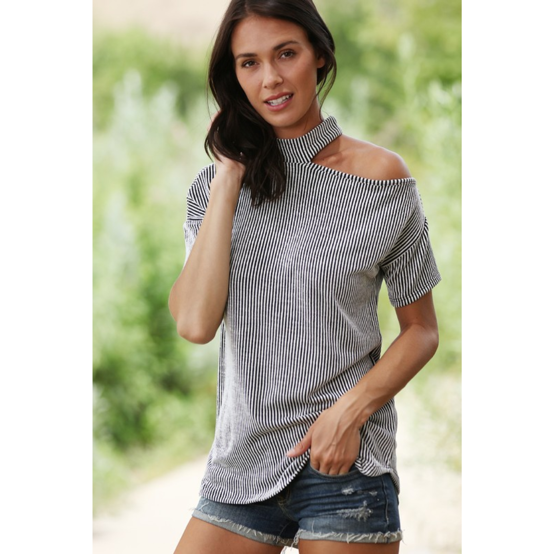 Pin Stripe One Cold Shoulder Top