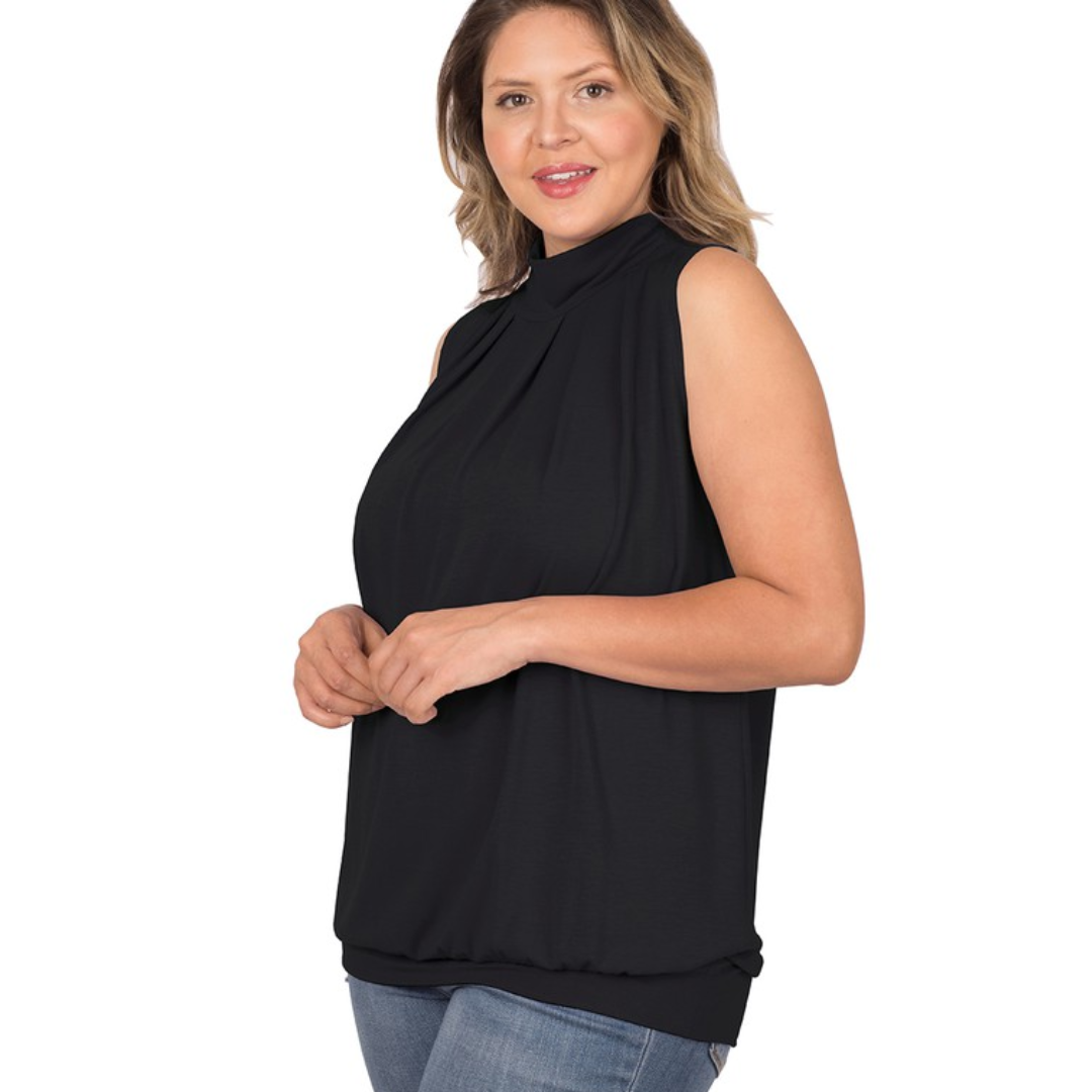 Sleeveless Mock Neck Pleated Top Plus Size (solid colors)