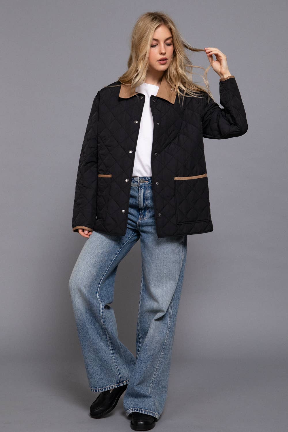 Long Sleeve Contrast Lapel Collar Quilted Puffer Work Jacket (pink)