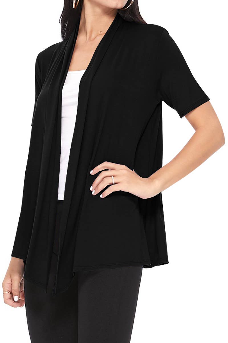 Women's Casual Short Sleeve Draped Open Front Solid Cardigan (Black)