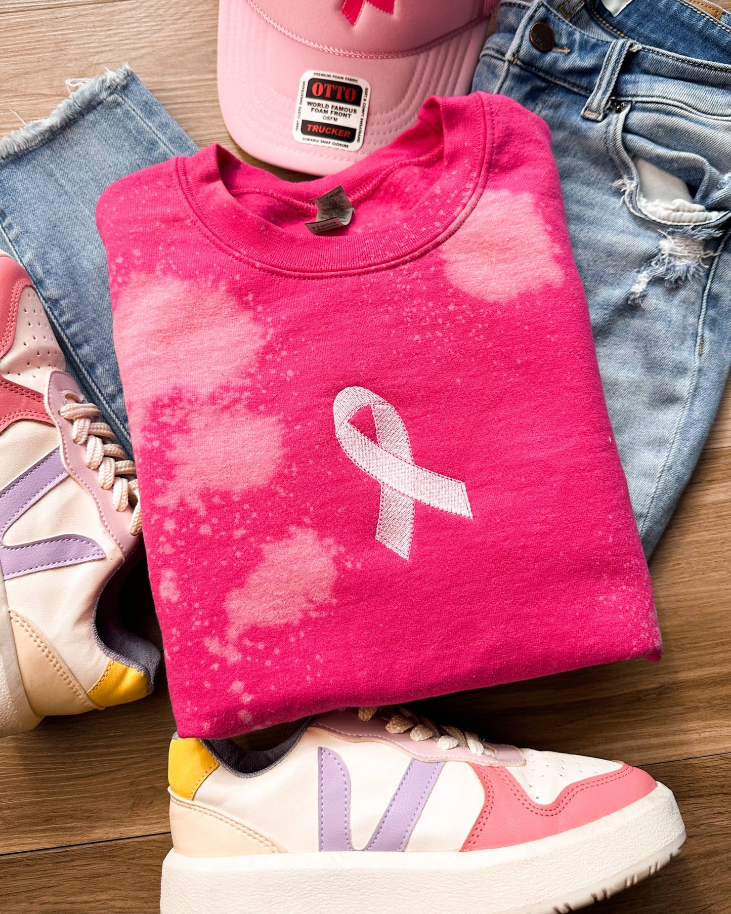 Breast Cancer Ribbon Bleached Sweatshirt