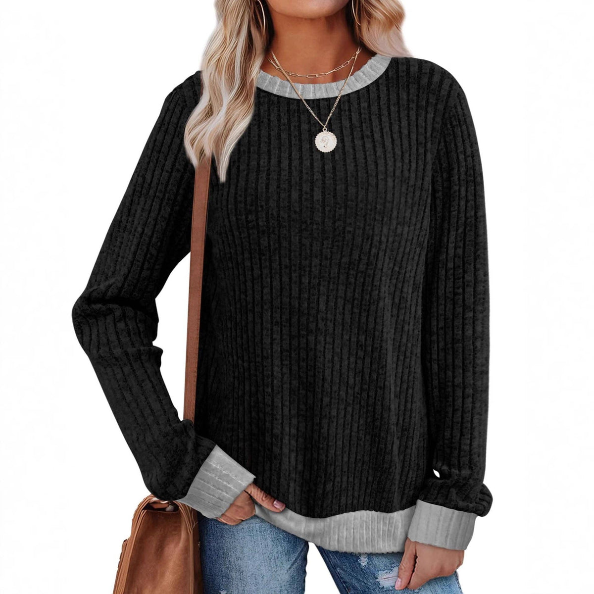 Ribbed Long Sleeve Crew Neck Pullover Top