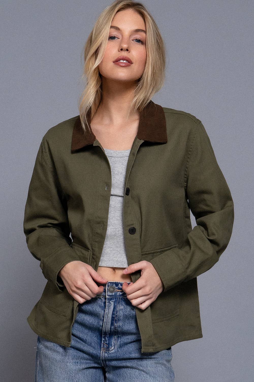 Long Sleeve Corduroy Collar Detail Cotton Twill Work Jacket