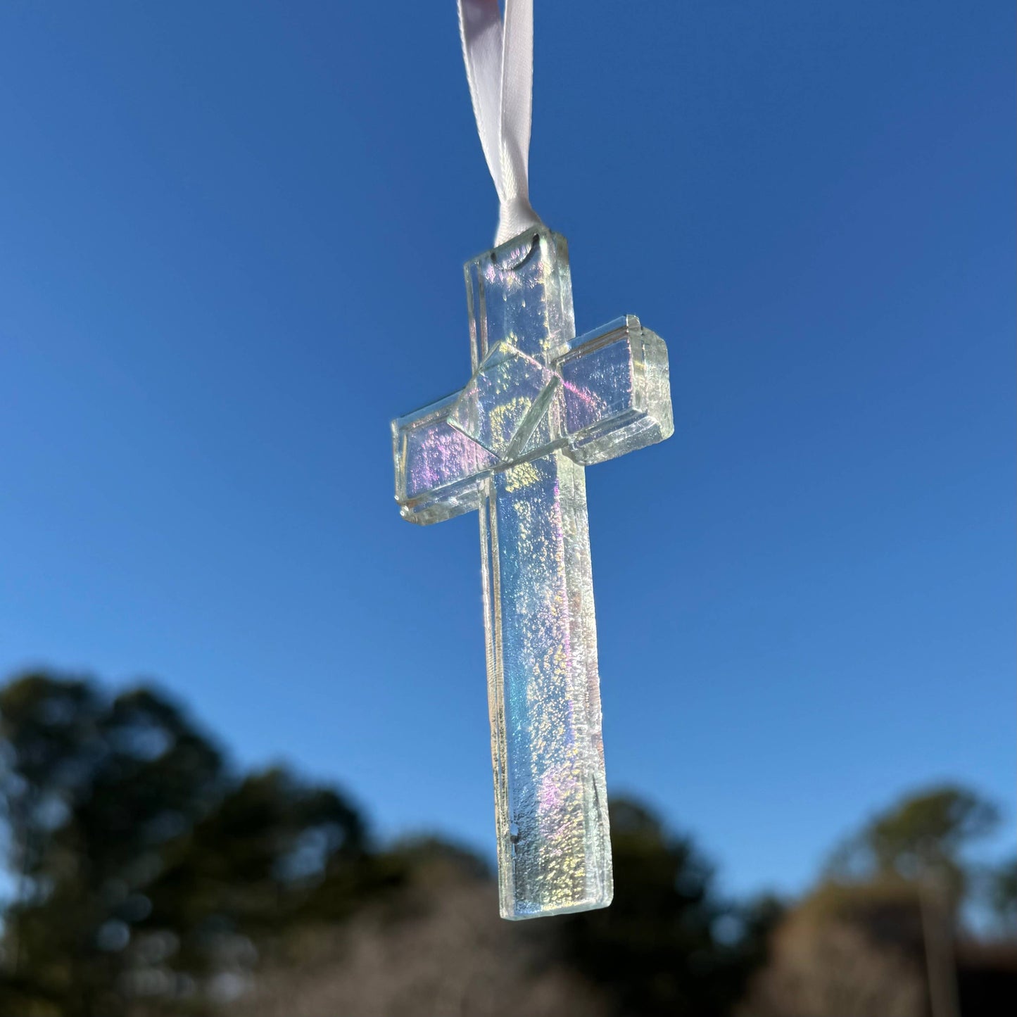 Baby Baptism Gift USA Handmade Iridescent Glass Cross