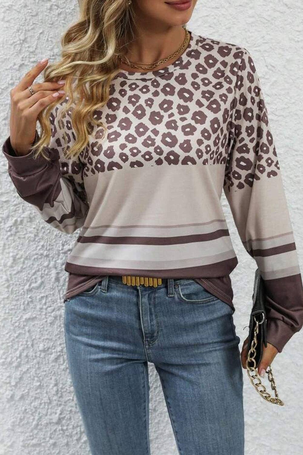 Leopard Color Block Crewneck Long Sleeve Top