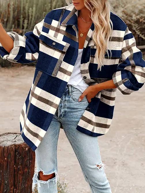 Plaid Button Flannel Shirt Jacket (black & white)