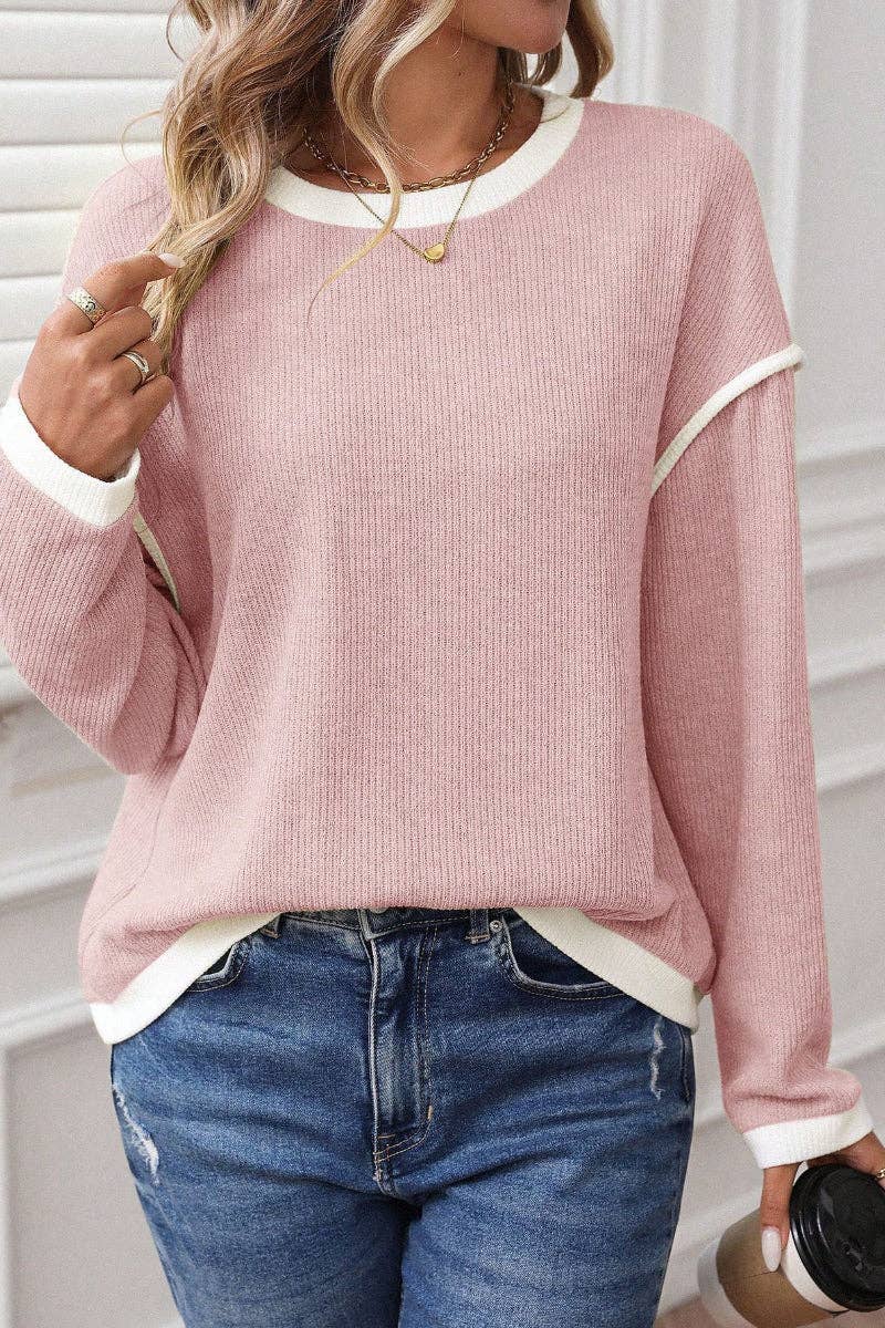 Colorblock Crewneck Knit Look Long Sleeve Pullover Top (Dark Blue)