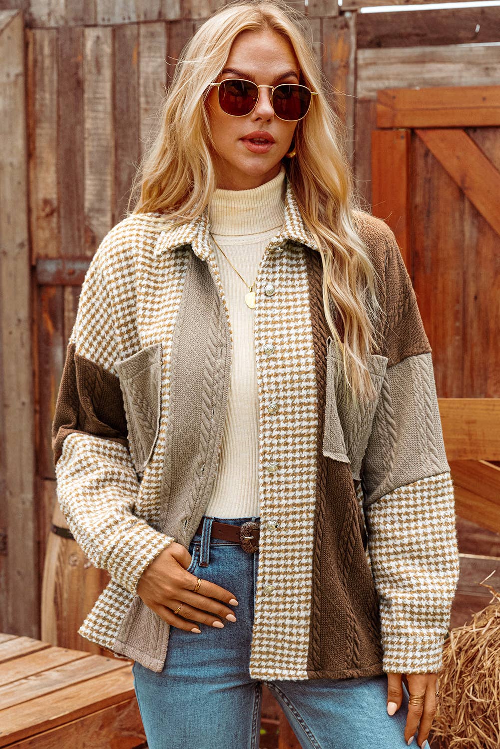 Houndstooth Contrast Texture Patchwork Loose Shacket