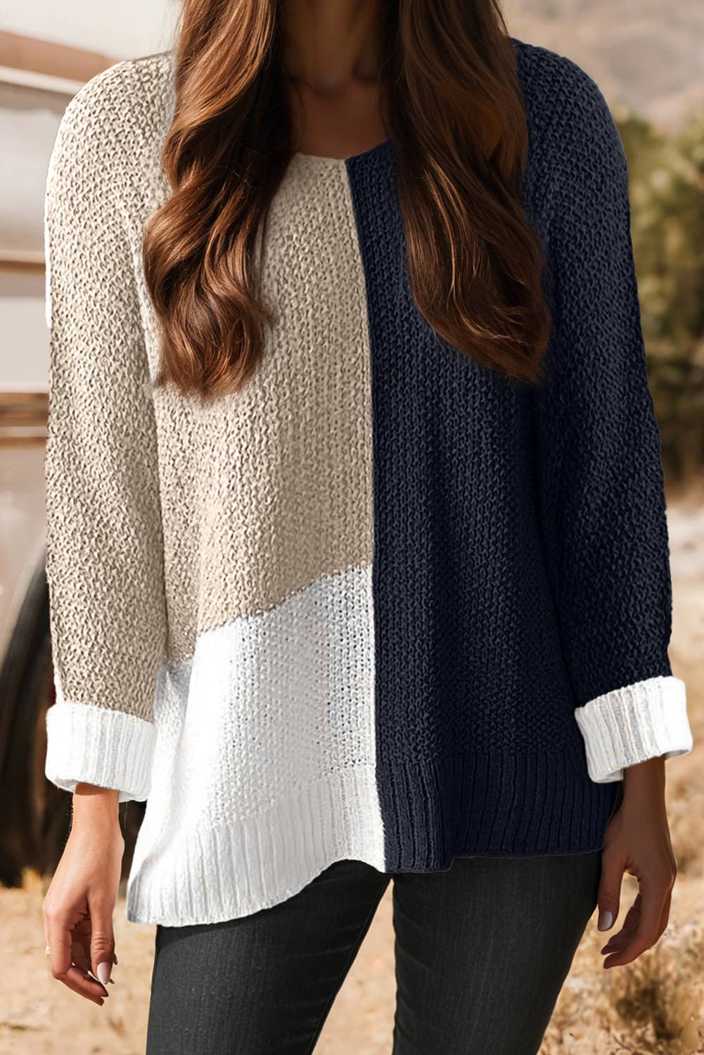 Fashion-W Color Block Knit V Neck Loose Sweater