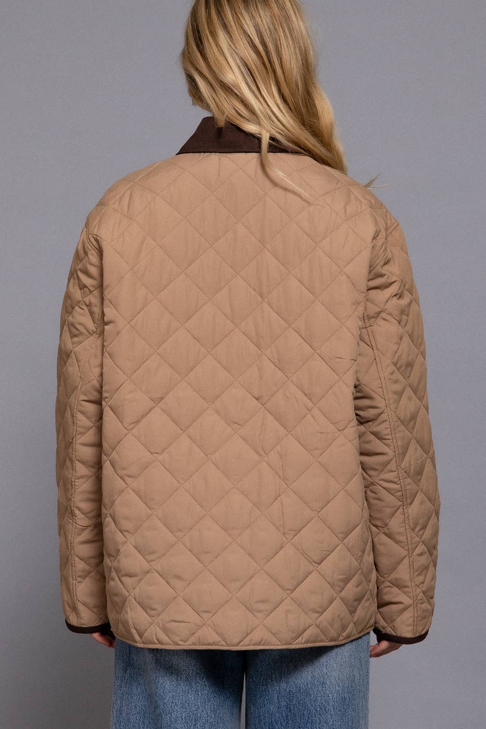 Long Sleeve Contrast Lapel Collar Quilted Puffer Work Jacket (pink)