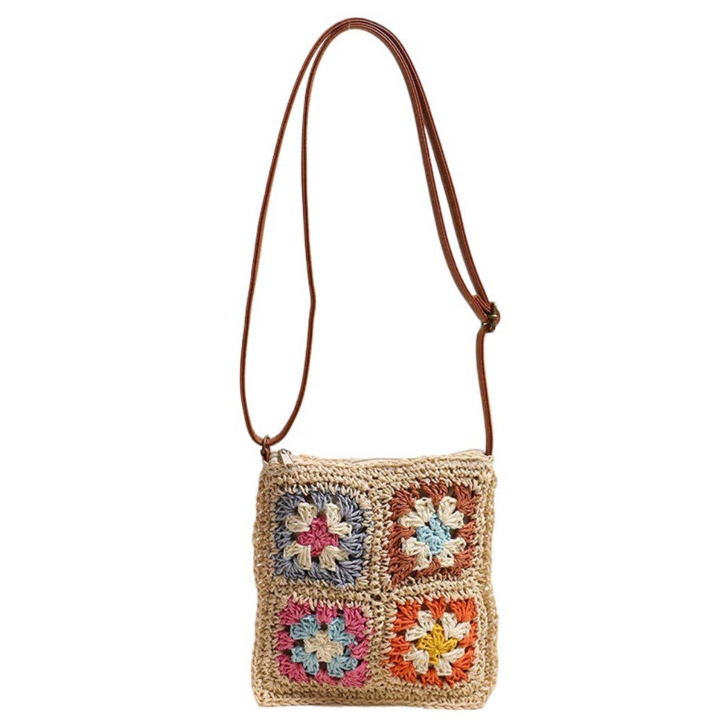 Vintage Square Crochet Flower Crossbody Bag