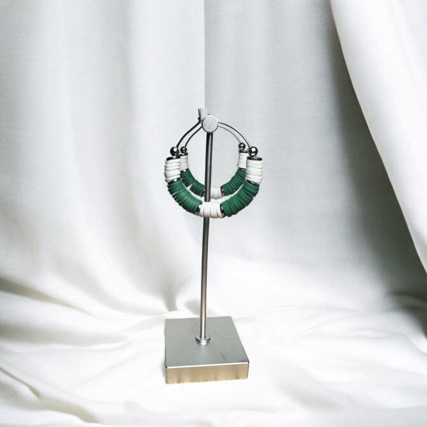 Green and White Game Day Hoop Earrings: 1 Inch / (2 by 2 or 5 by 5)