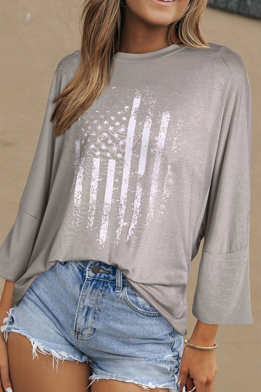 Women American Flag Print 3/4 Sleeve Graphic Top