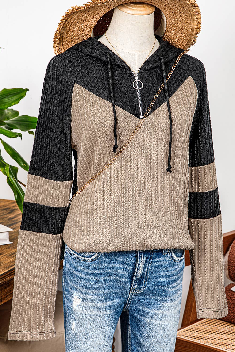 Textured Color Block Quarter Zip Drawstring Hooded Top