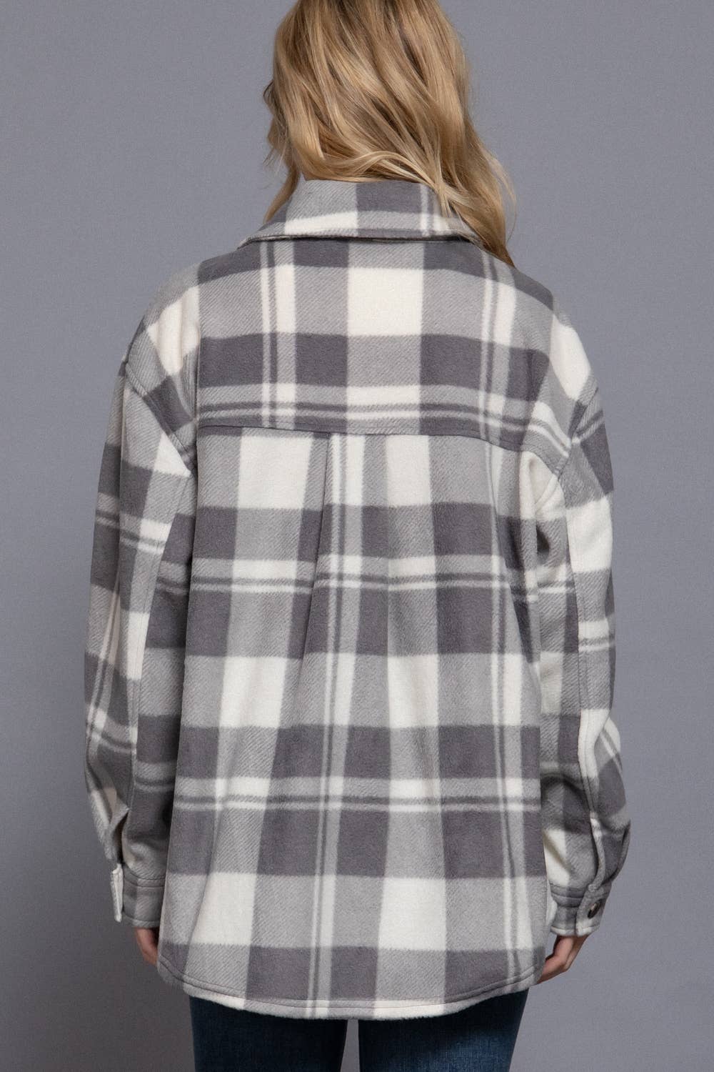 Long Sleeve Check Printed Fleece Shacket (black)