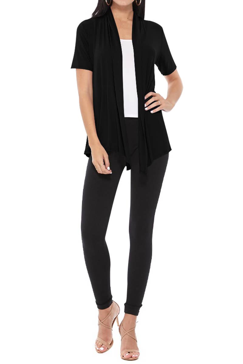 Women's Casual Short Sleeve Draped Open Front Solid Cardigan (Black)