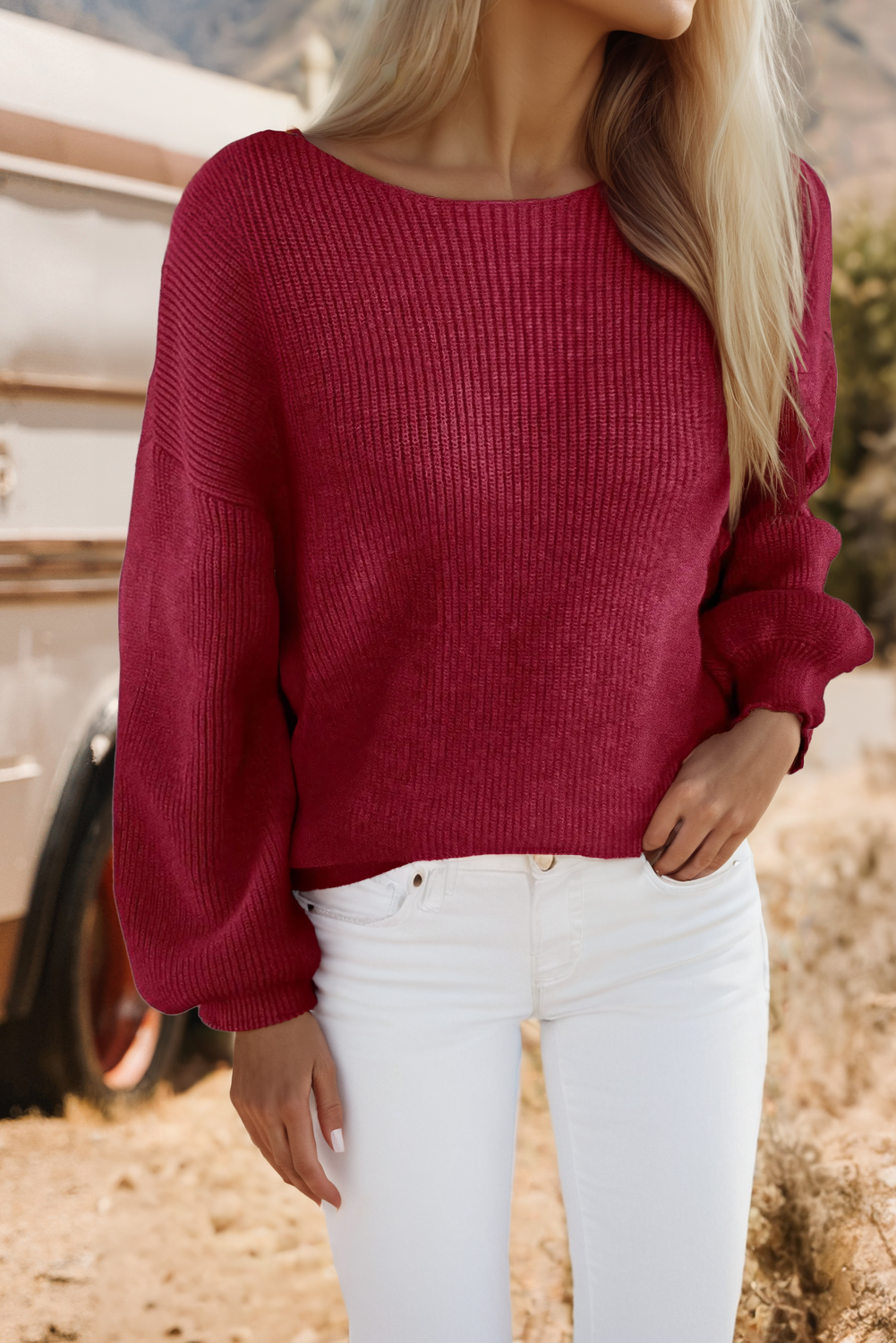 Ribbed Knit Contrast Ribbon Knot Drop Shoulder Sweater