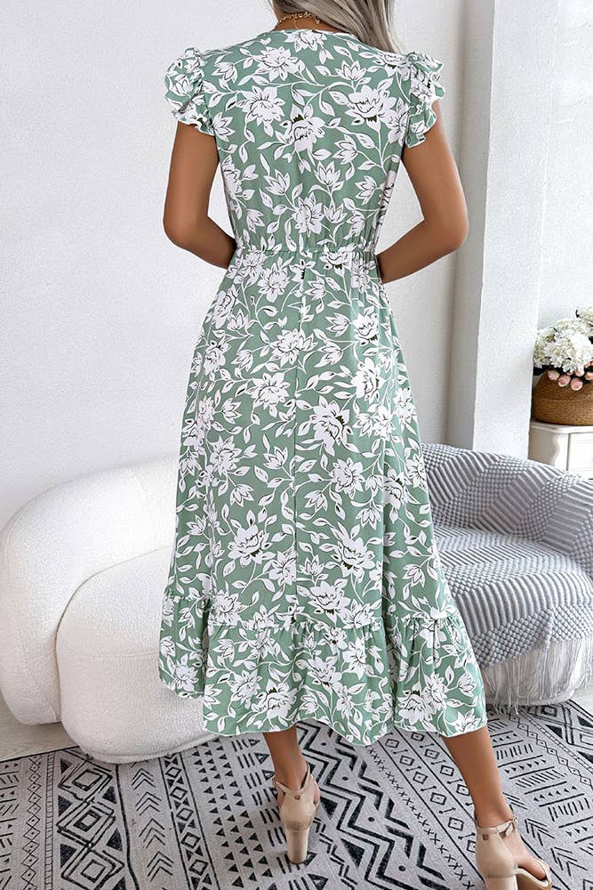 V Neck Flutter Sleeves Maxi Floral Dress