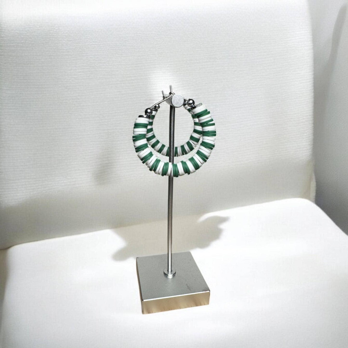 Green and White Game Day Hoop Earrings: 1 Inch / (2 by 2 or 5 by 5)