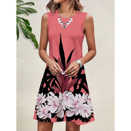 Spring Sleeveless Floral Print Round Neck Dress (Red)