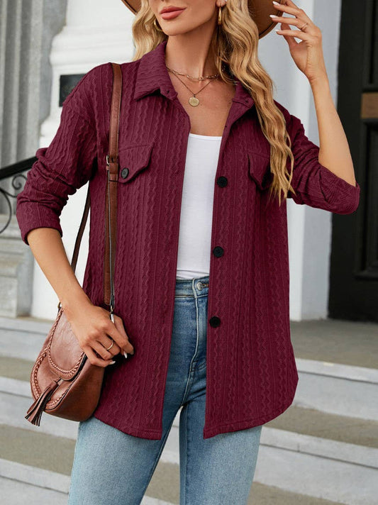 Jacquard Single-Breasted Long-Sleeved Shirt Jacket (black & wine)