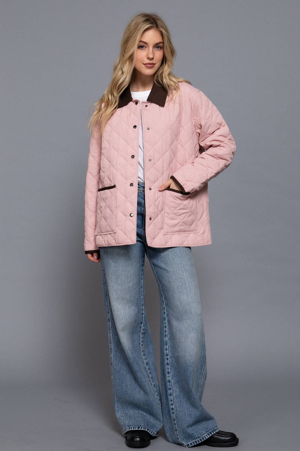 Long Sleeve Contrast Lapel Collar Quilted Puffer Work Jacket (pink)