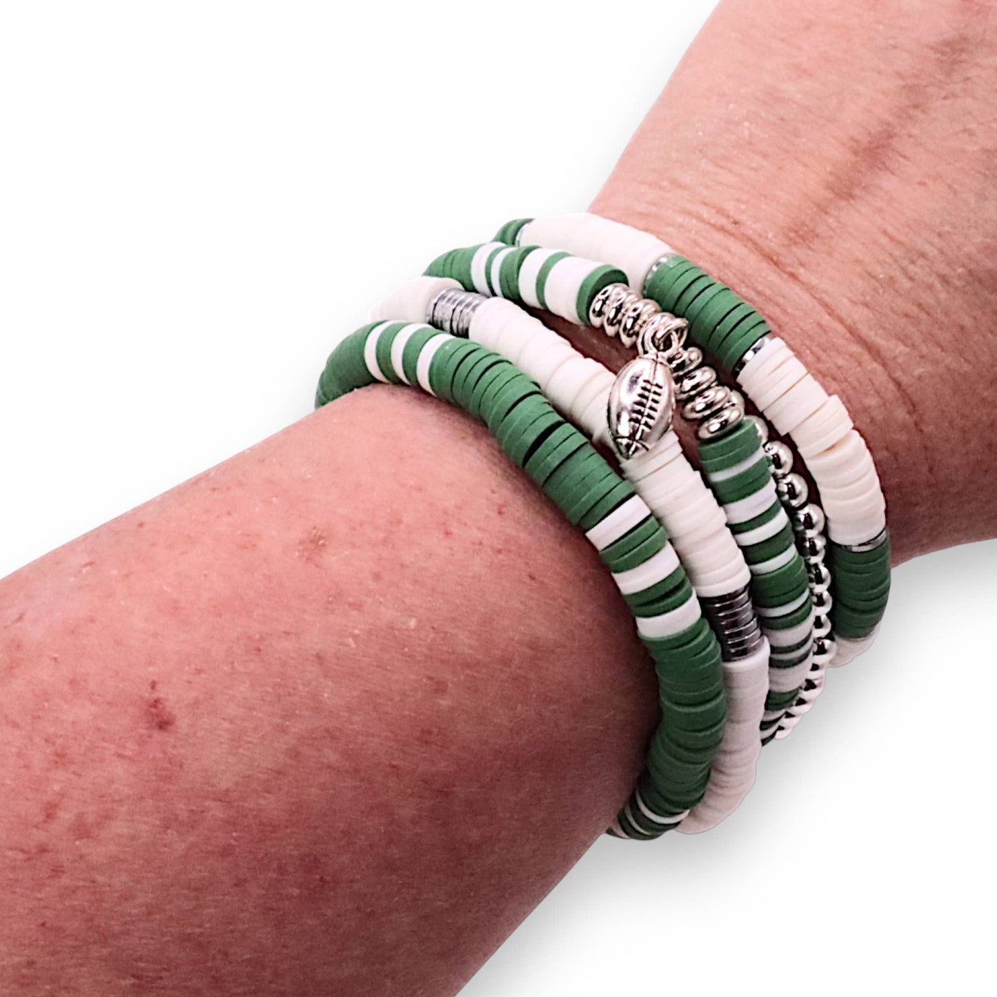 Green and White Game Day Bracelet Stack: Silver (7 inch)
