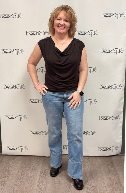 Liverpool Draped Neck Sleeveless Knit Top W/ Lace
