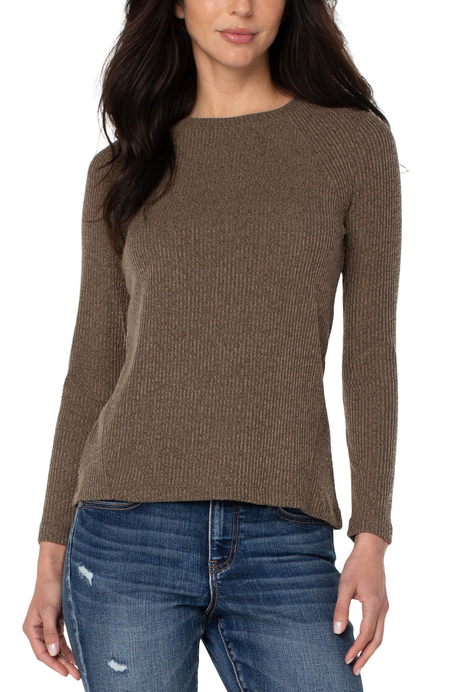 Liverpool Texture Block Crew Neck Long Sleeve Knit Top (Earth Brown)