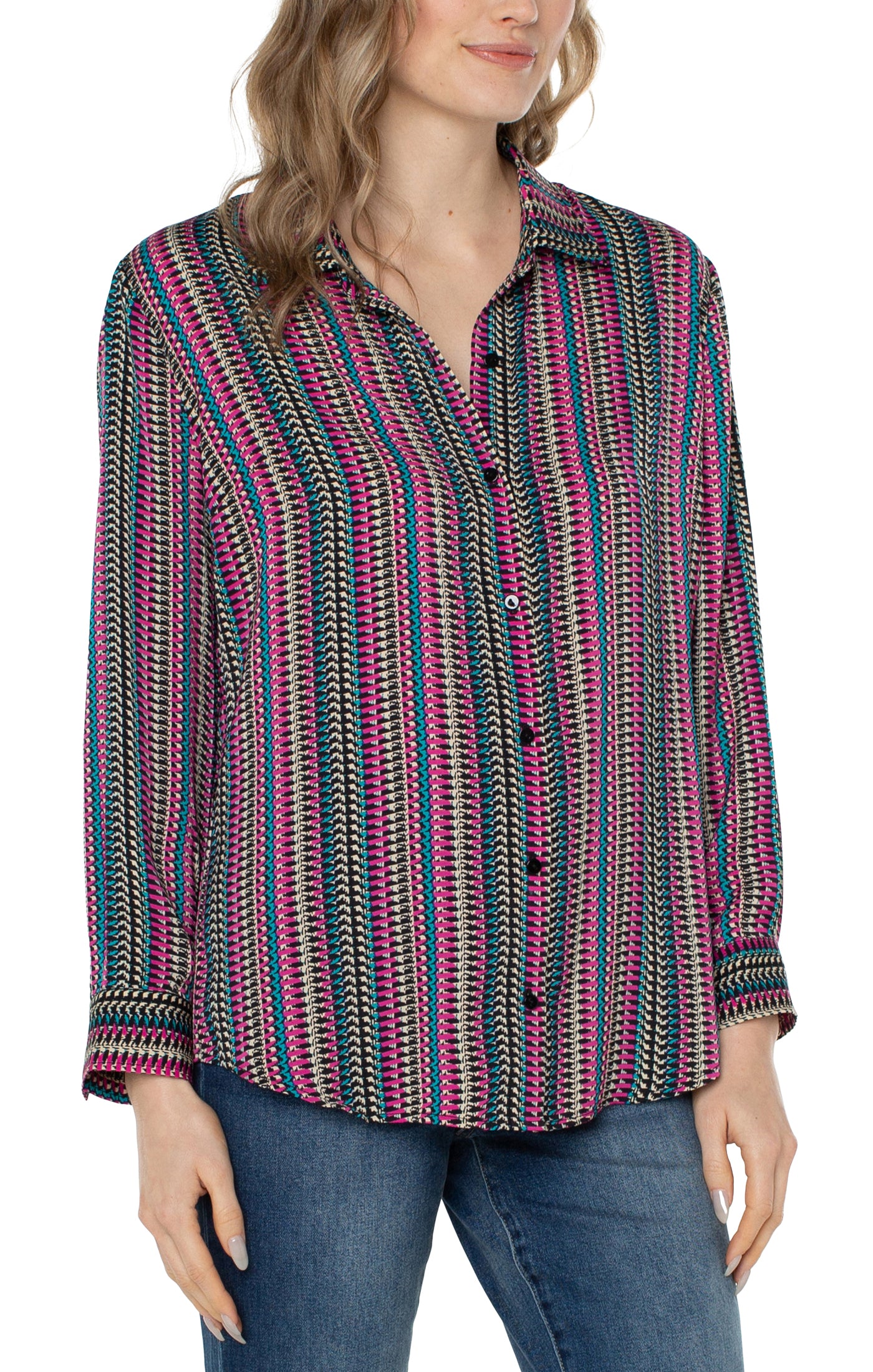 Liverpool Button Up Blouse Woven (Text Multi Stripe)