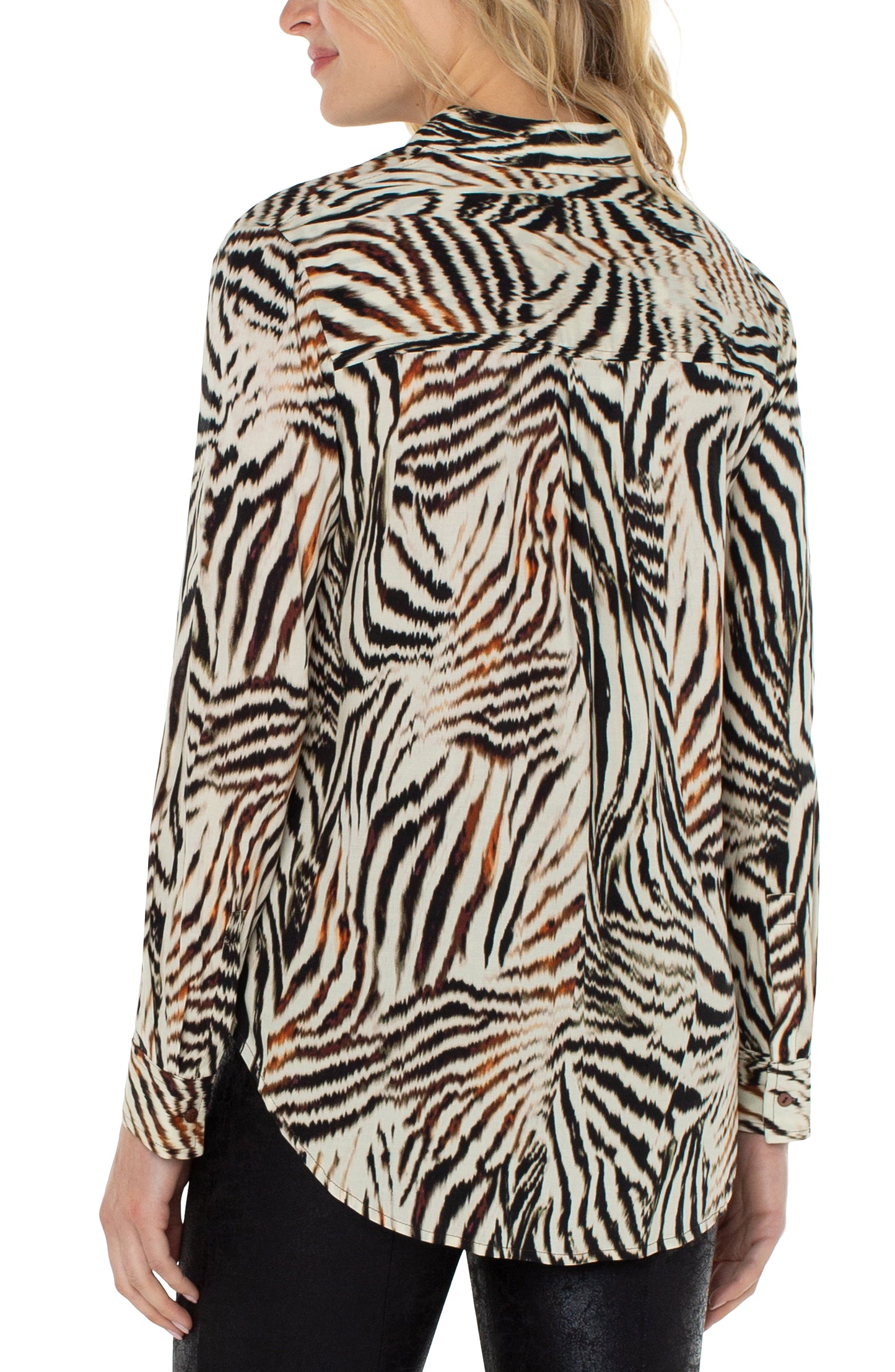 Liverpool Button Front Woven Blouse (allover patchwork animal print)