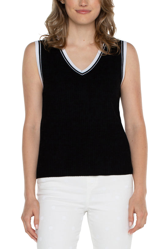Liverpool Sleeveless V-Neck Sweater with Novelty Rib Trim (black and white contrast)