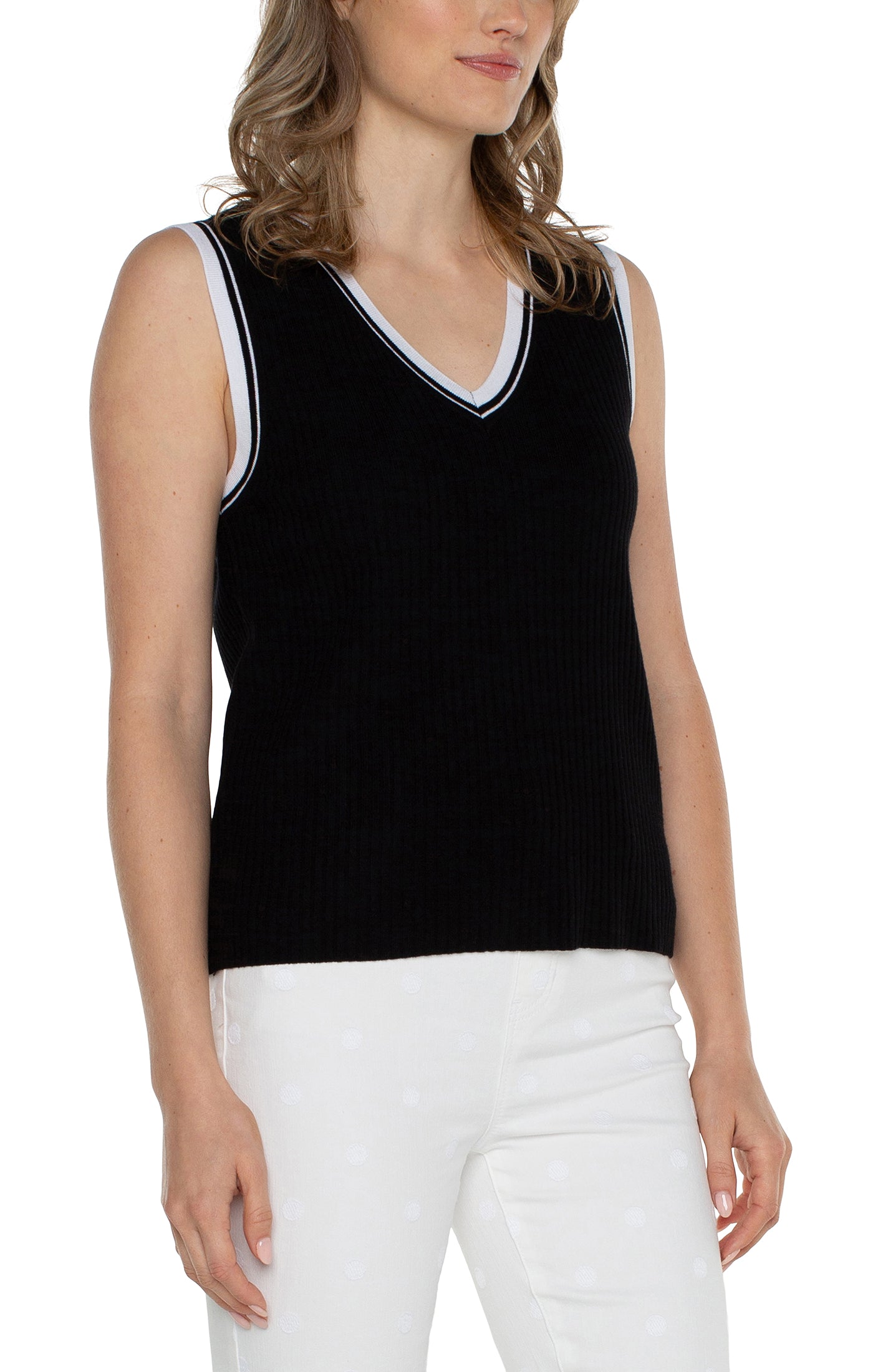 Liverpool Sleeveless V-Neck Sweater with Novelty Rib Trim (black and white contrast)