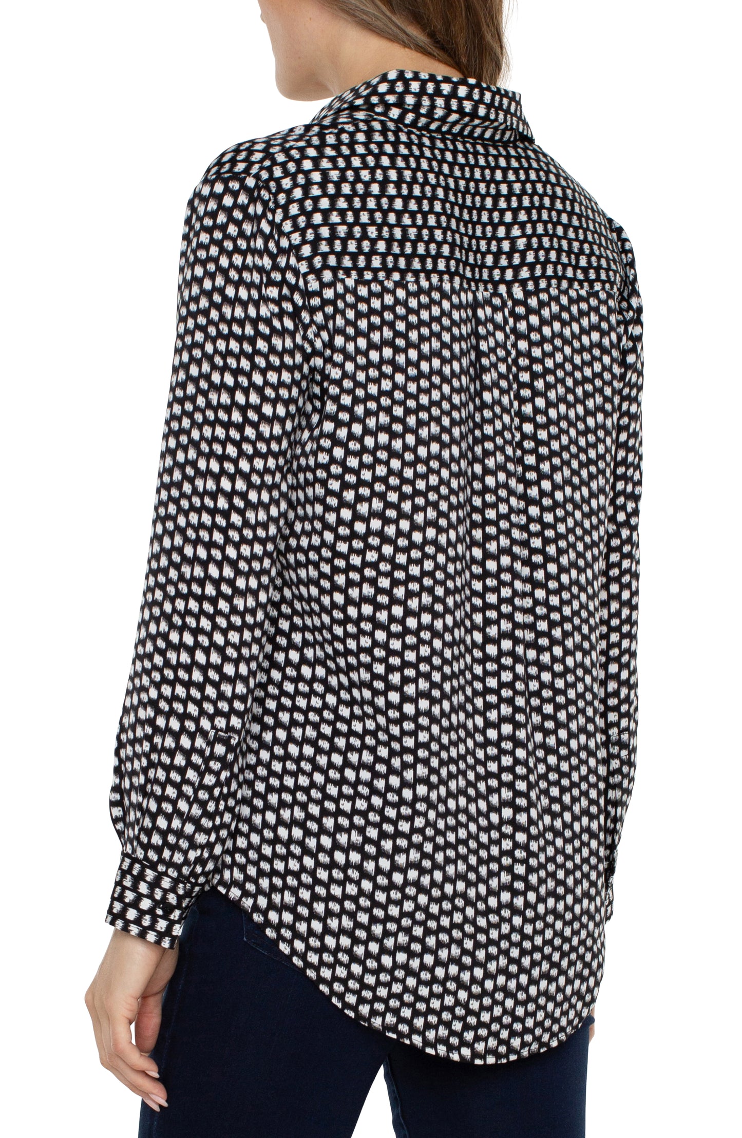 Liverpool Flap Button Front Woven Blouse (black and white with dots)
