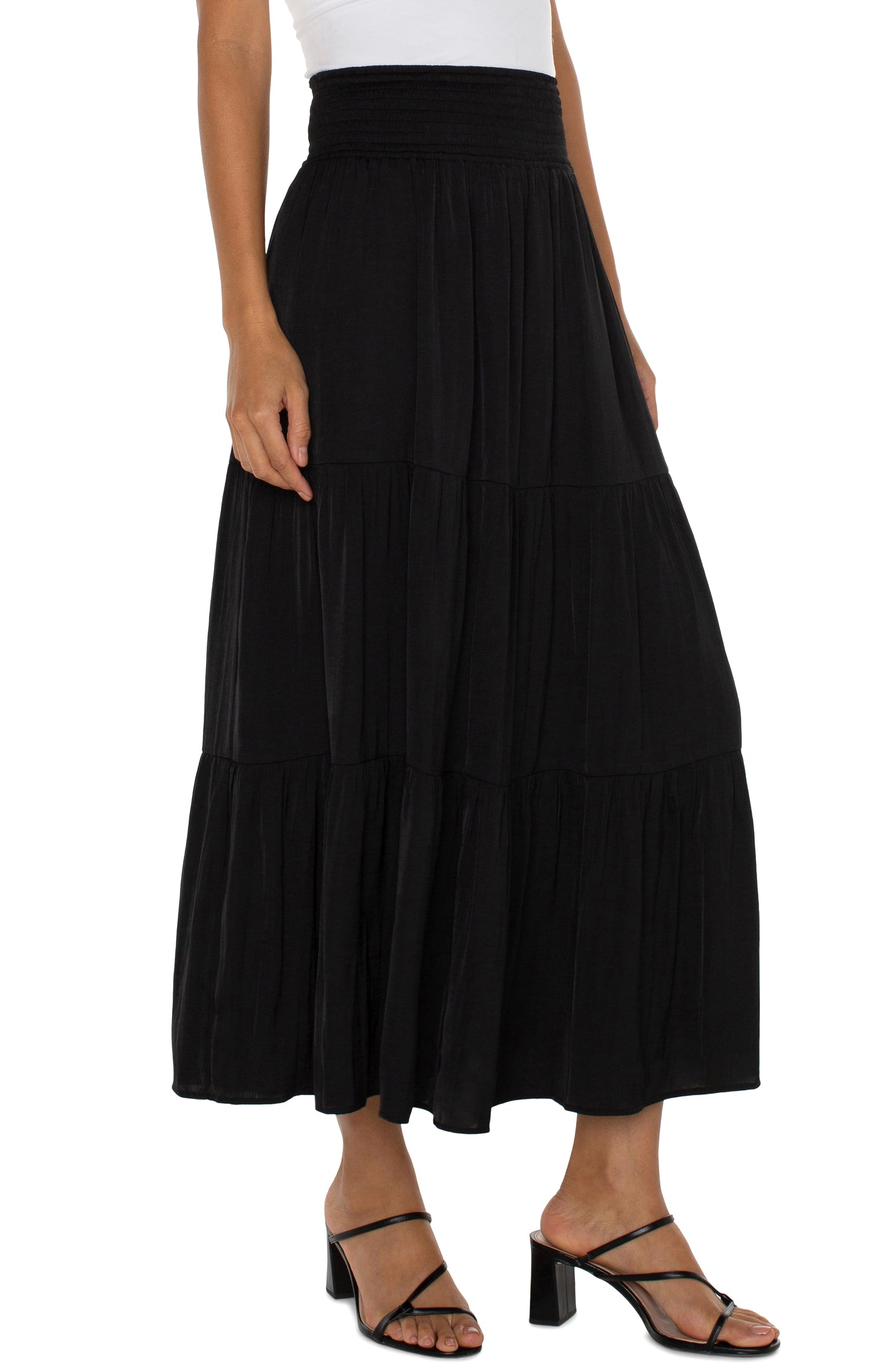 Liverpool Tiered Woven Maxi Skirt with Smocked Waist (Black)