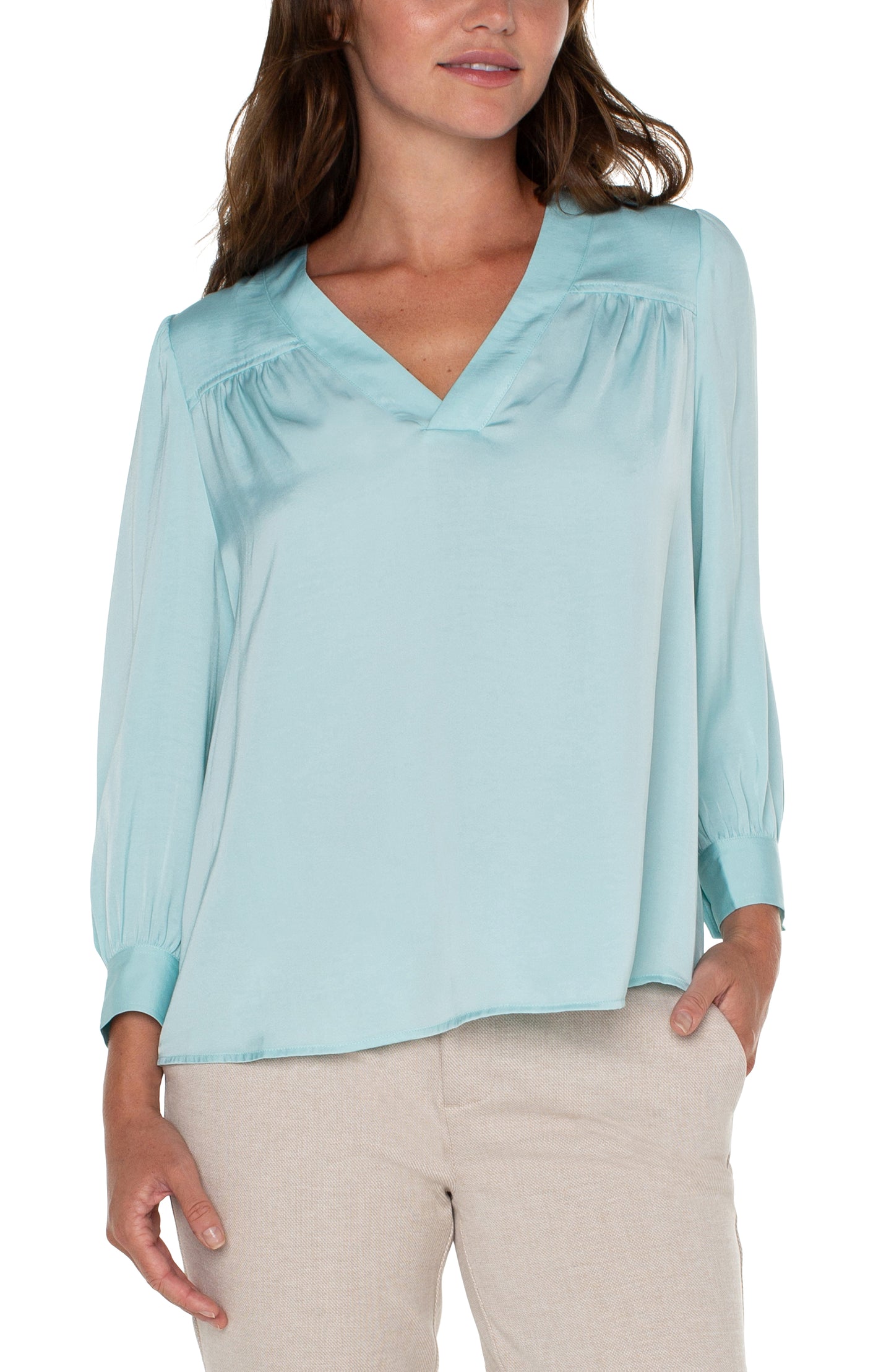 Liverpool V-Neck Popover Woven Blouse (Pastel Turquoise)
